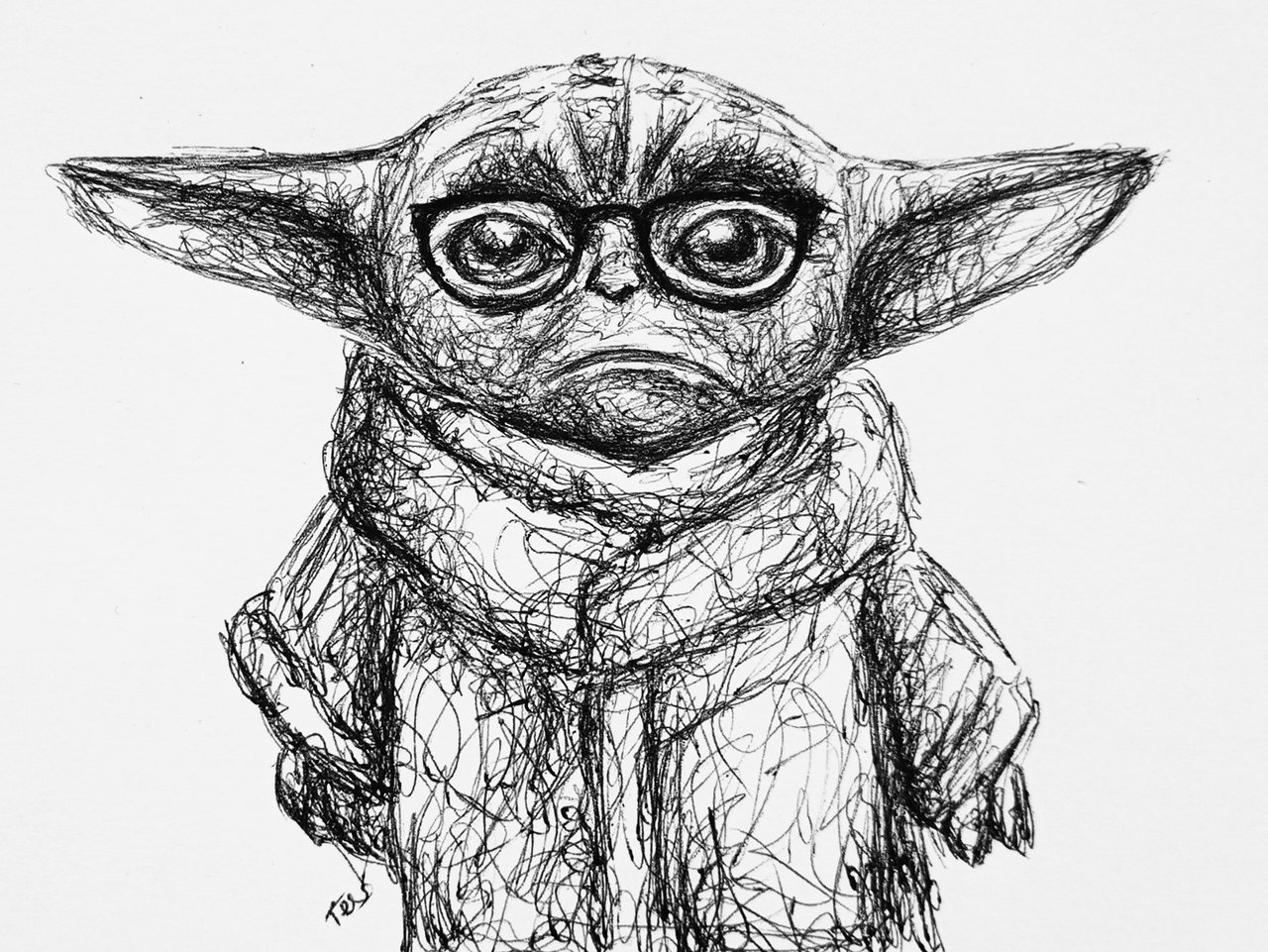 Scribble Drawing Of Nerdy Baby Yoda Grogu Peakd