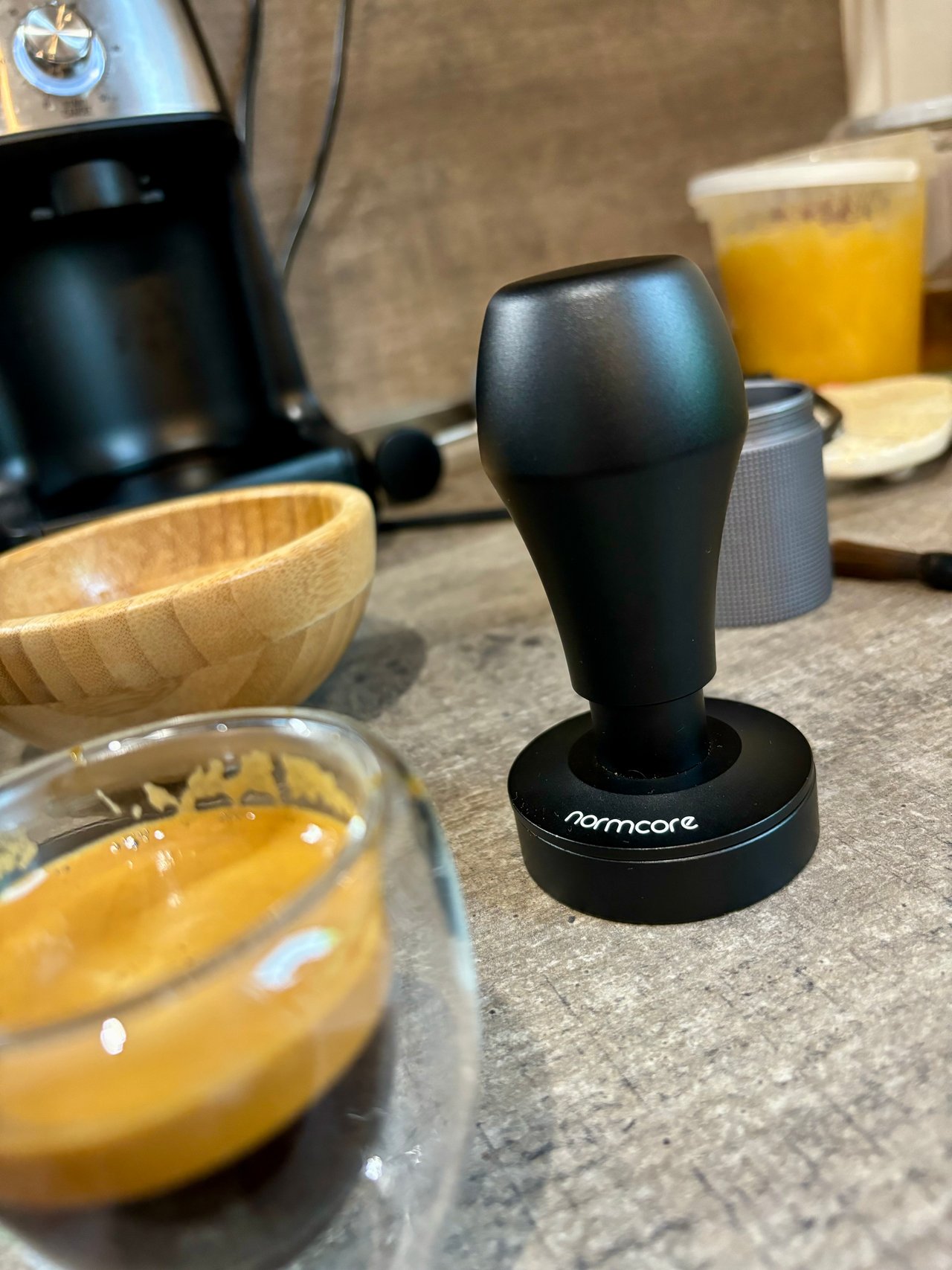 Enjoying my new espresso brewing gear with every sip of coffee. Normcore Tamper and dosing funnel.