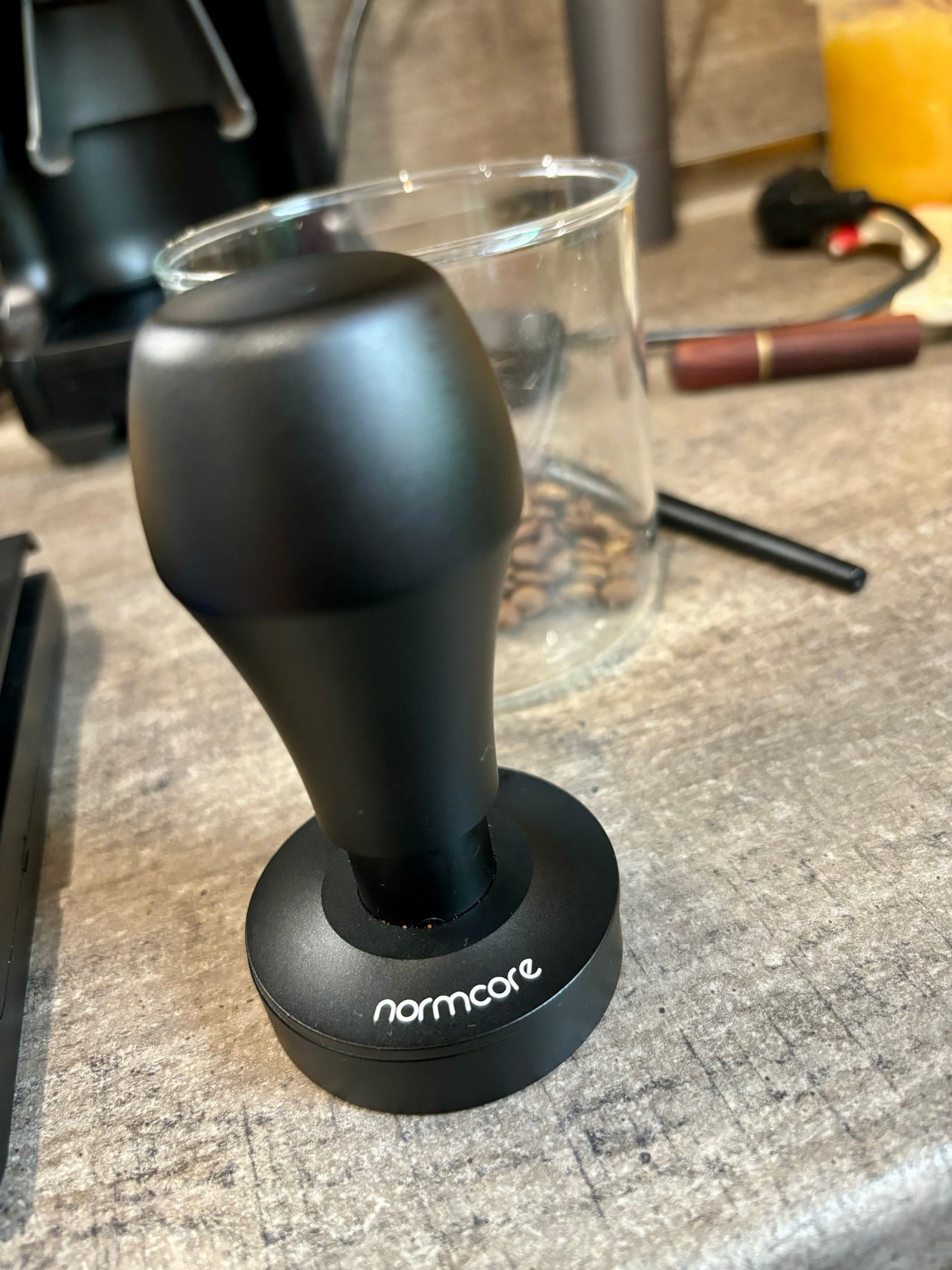 Enjoying my new espresso brewing gear with every sip of coffee. Normcore Tamper and dosing funnel.