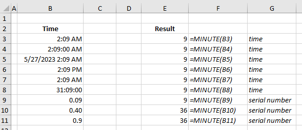 MINUTE formula examples in Excel or GoogleSheets MINUTE function examples