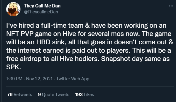 Dan's tweet about his new pvp game