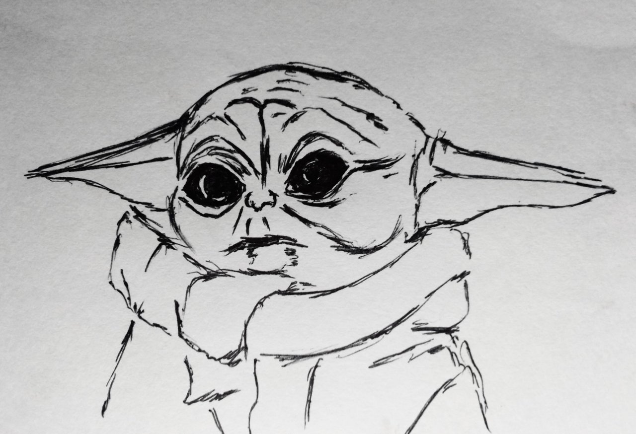 Baby Yoda In Black And White Drawing - How To Draw Baby Yoda In Black And  White Step By Step