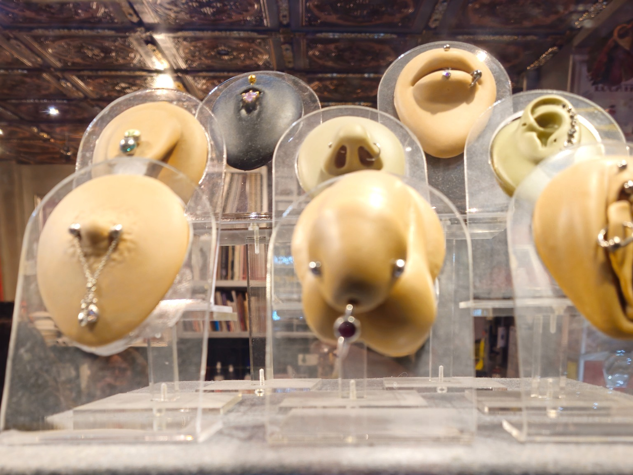 Necklaces hang on cream-colored display forms in a glass shop window.