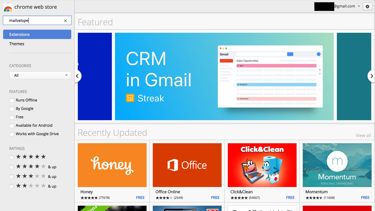 Searching for Mailvelope in the Chrome webstore