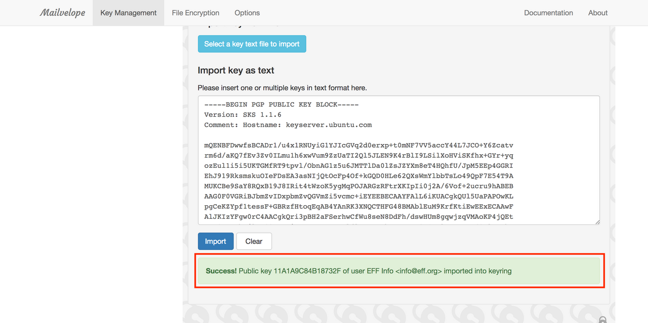 Successful import of a public key
