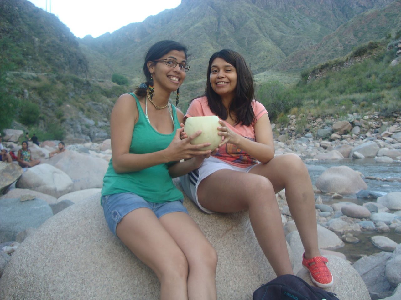 In Mendoza with Ambar, toasting with a melon with wine! Argentina