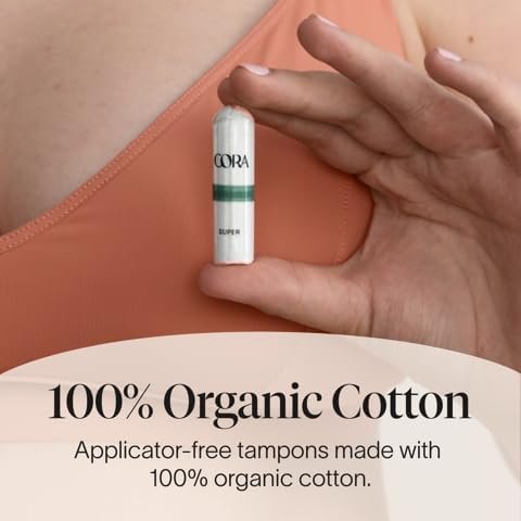 2 Cora 100% Organic Cotton Non-Applicator Tampons | Ultra-Absorbent, Unscented, Natural, Non-Toxic, Applicator Free | Eco-Conscious (54 R/S/S+ Tampons)