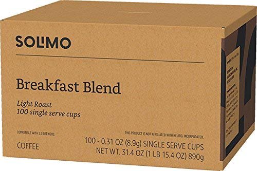 3 Amazon Brand - Solimo Light Roast Coffee Pods, Breakfast Blend, Compatible with Keurig 2.0 K-Cup Brewers, 100 Count