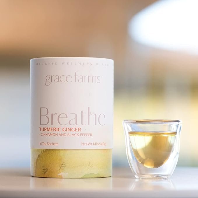 3 Grace Farms BREATHE Wellness Organic Tea Blend (16 Pyramid Sachets) | Turmeric and Ginger with Adaptogenic Herbs | Immunity and Digestion Support | Caffeine Free | Gives Back 100% of Profits