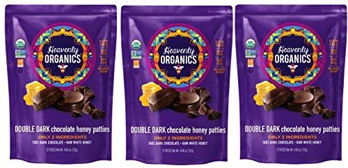1 Heavenly Organics Double Dark Chocolate Honey Patties, 3 Bags- 12 single /bag -4.66oz (132g) Made with 100% Organic Cocoa and 100% Organic Raw White Honey; Non-GMO, Fair Trade, Kosher, Dairy & Gluten Free, No Sugar Added, Sweeten with Honey , Chemical , antibiotic and glyphosate free