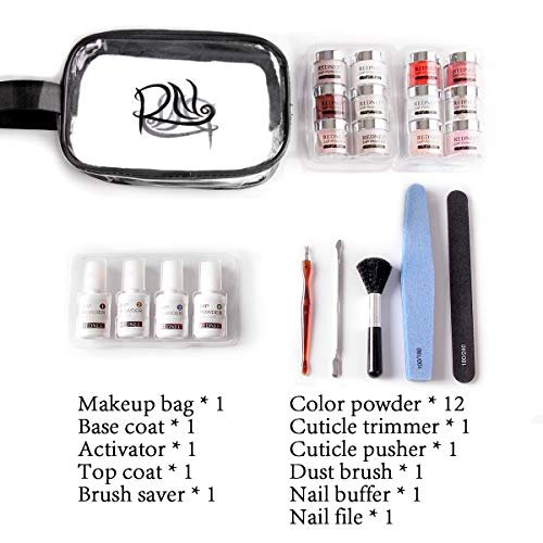 4 REDNEE Dip Powder 12 Colors Nail Starter Kit with Base Activator and Top Coat 22pcs Gift Set for Nail Art - RE08 Inviting Color