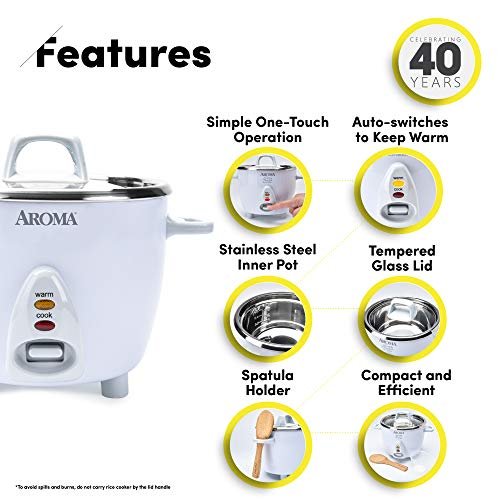 1 Aroma Housewares Select Stainless Rice Cooker & Warmer with Uncoated Inner Pot, 6-Cup(cooked) / 1.4Qt, ARC-753SG, White