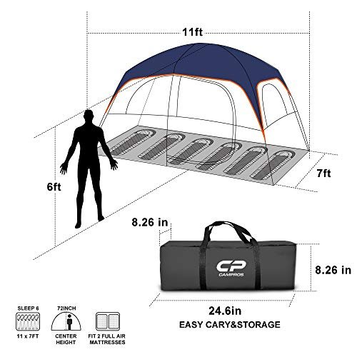 4 CAMPROS CP Tent-6-Person-Camping-Tents, Waterproof Windproof Family Tent with Top Rainfly, 4 Large Mesh Windows, Double Layer, Easy Set Up, Portable with Carry Bag