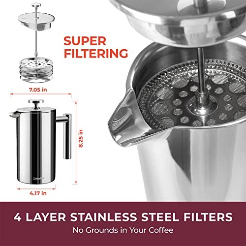4 Stainless Steel Coffee Maker - Insulated with Advanced Filtration System