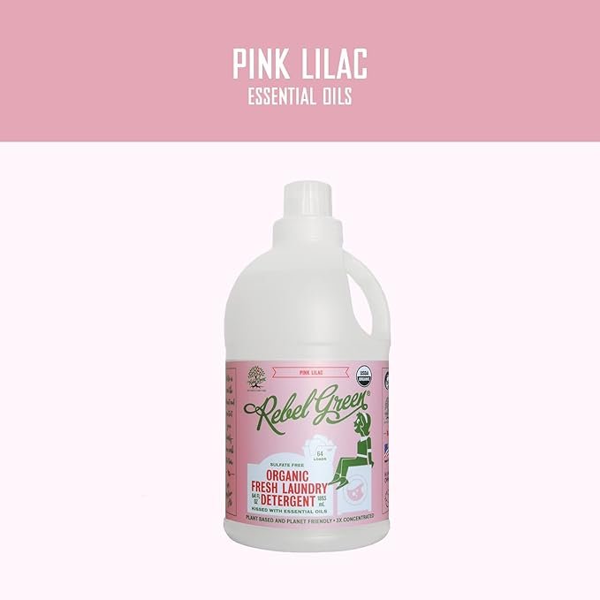 1 Rebel Green Organic Laundry Detergent - Natural Laundry Soap - Liquid Laundry Detergent with Dispenser Cup - Gentle Laundry Detergent - Fresh Pink Lilac - (64 Load Bottles, 2 Pack)