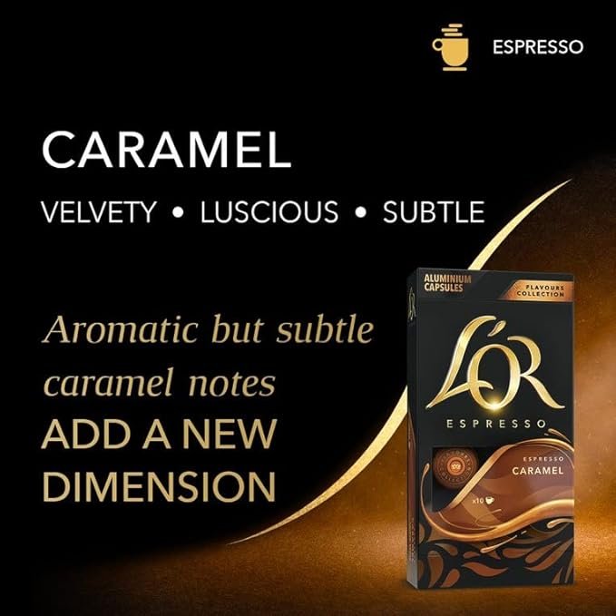 1 L'OR Coffee Capsules, 30 Count Caramel, Single-Serve Aluminum Coffee Capsules Compatible with L'OR BARISTA System & Nespresso Original Machines.