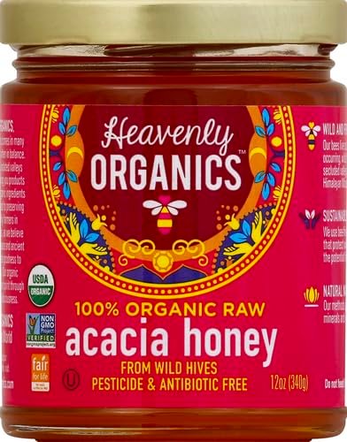 2 Heavenly Organics 100% Organic Raw Acacia Honey (12oz) Lightly Filtered - Made from Wild Beehives & Free Range Bees; Dairy, Nut, & Gluten Free, Kosher