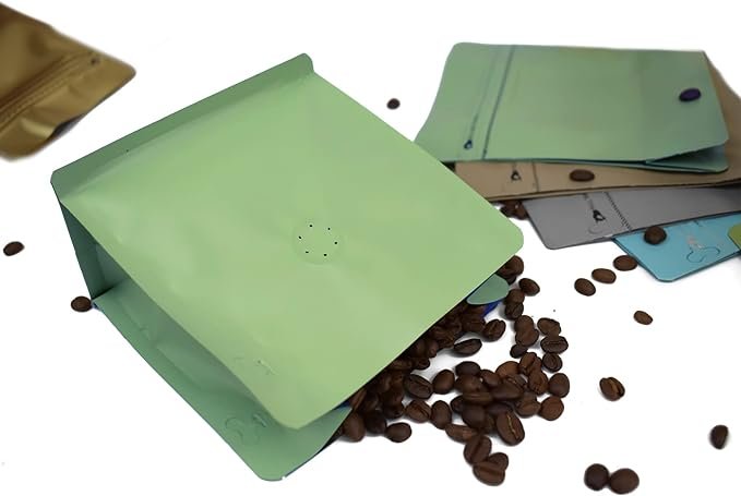 5 50-Pack of 8 oz Valve-Fitted Stand Up Pouches in Green Coffee Hue