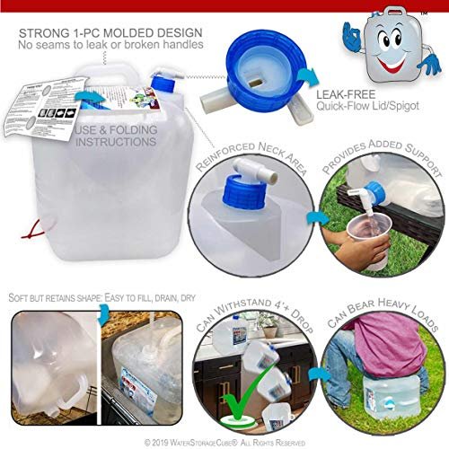 5 Collapsible BPA Free Water Container with Spigot, Portable Water Jug for Camping, Hiking, and Survival Kit, Foldable Water Canteen in Various Sizes (1.3/2.6/5.3 Gallon).