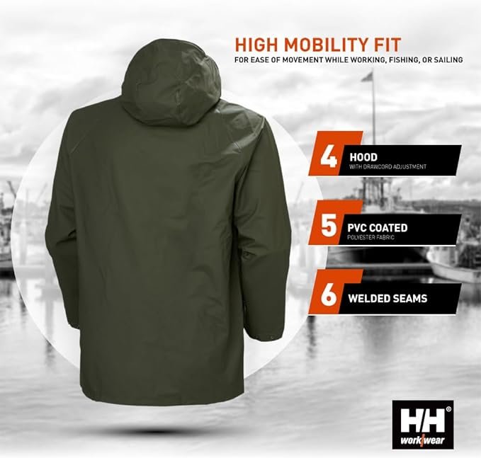 3 Helly-Hansen Workwear Mandal Adjustable Waterproof Jackets for Men - Heavy Duty Comfortable PVC-Coated Protective Rain Coat