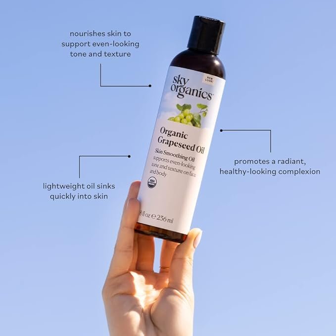 7 Sky Organics Organic Grapeseed Oil for Face, 100% Pure & Cold-Pressed USDA Certified Organic to Moisturize, Clarify & Brighten, 8 fl. Oz