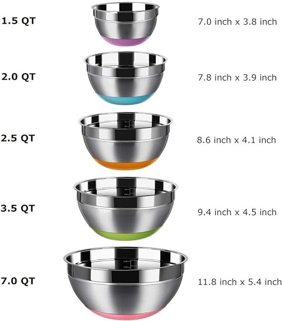 4 REGILLER Stainless Steel Mixing Bowls (Set of 5), Non Slip Colorful Silicone Bottom Nesting Storage Bowls, Polished Mirror Finish For Healthy Meal Mixing and Prepping 1.5-2 - 2.5-3.5 - 7QT (Colorful)