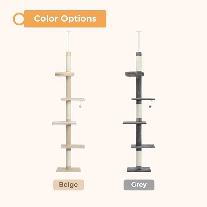 1 PETEPELA Cat Tower 5-Tier Floor to Ceiling Cat Tree Height(95-107 Inches) Adjustable, Tall, Climbing Tree Featuring with Scratching Post, Cozy Bed,Interactive Ball Toy for Indoor Cats/Kitten Beige