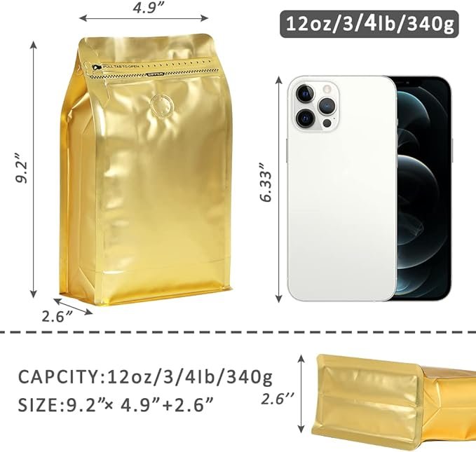 1 12oz/100pcs Aluminum Foil Gold Coffee Storage Bags with Valve, Enhanced Barrier