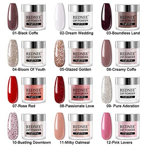 1 REDNEE Dip Powder 12 Colors Nail Starter Kit with Base Activator and Top Coat 22pcs Gift Set for Nail Art - RE08 Inviting Color
