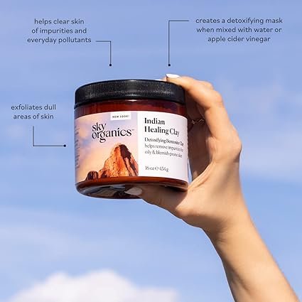 3 Sky Organics Indian Healing Clay with Detoxifying Bentonite Clay for Face, 100% Pure to Detoxify, Purify & Cleanse, 16 Oz.