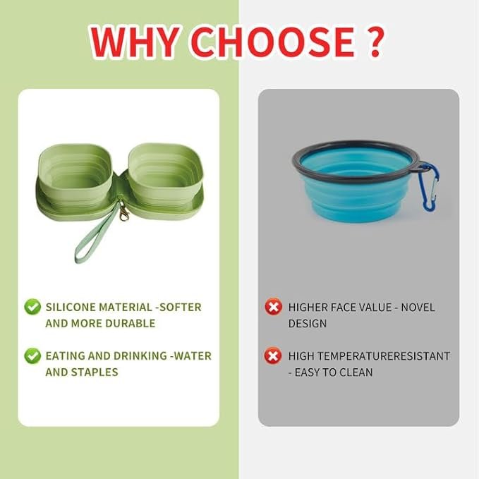 2 Petseek Travel Twin Pet Bowls for Cats or Dogs, Collapsible Silicone Bowls for Food and Water Feeding, Foldable Zip Up Oxford Cloth Carry Case with Carabiner Clip, Portable Hiking Cat Bowl
