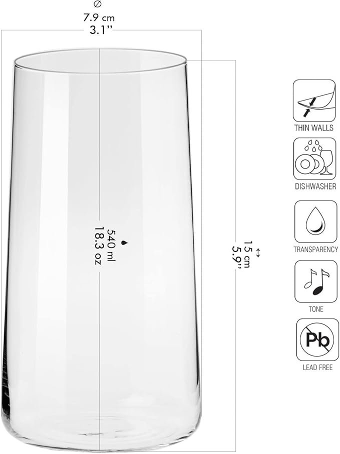 1 Krosno Tall Water Glasses, Set of 6, 18.3 oz, Avant-Garde Collection, Lightweight Crystal Glass, Perfect for Everyday, Dishwasher Safe, Made in Europe