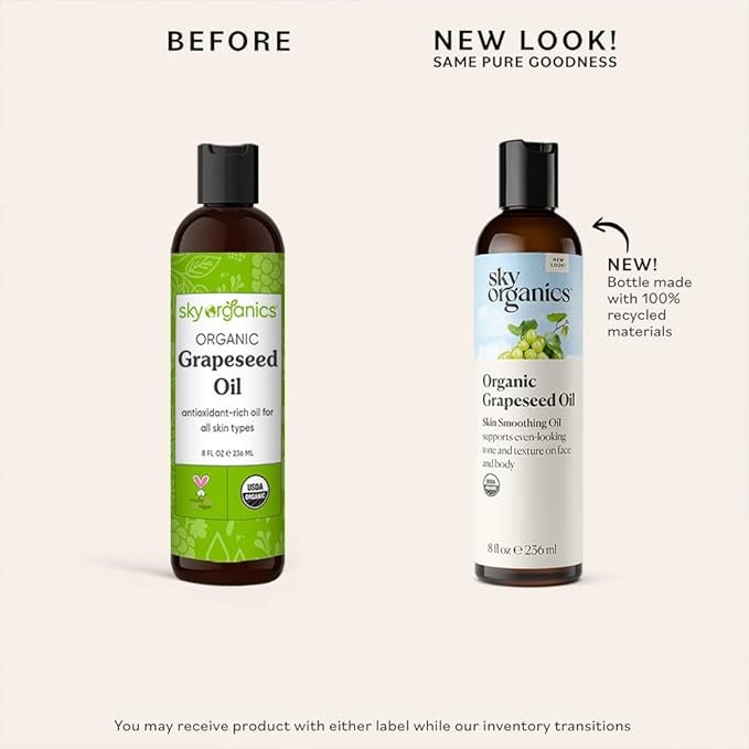 6 Sky Organics Organic Grapeseed Oil for Face, 100% Pure & Cold-Pressed USDA Certified Organic to Moisturize, Clarify & Brighten, 8 fl. Oz