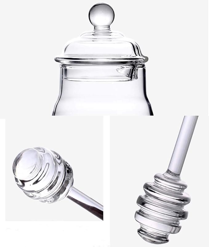 1 Lawei Glass Honey Container with Spoon and Cover - Resistant to Heat 10 oz Beehive Honey Storage for Storing Honey and Syrup