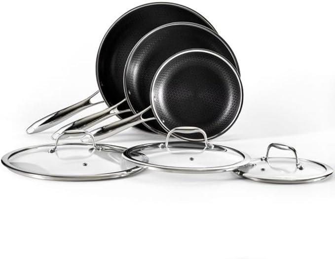 1 HexClad Hybrid Nonstick 6-Piece Fry Pan Set, 8, 10 and 12-Inch Frying Pans with Tempered Glass Lids, Stay-Cool Handles, Dishwasher and Oven Safe, Induction Ready, Compatible with All Cooktops