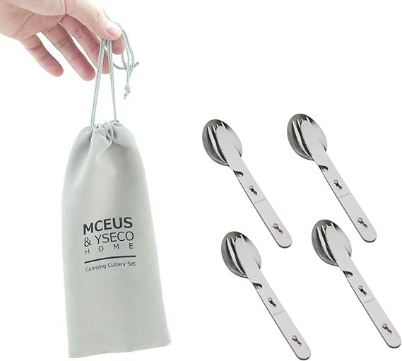 2 Camping Tool Set for 4, Portable Stainless Steel Utensils Kit with Spoon, Fork, Knife, and Bottle Opener, Ideal for Picnics, Travel, BBQ, Backpacking, and Outdoor Activities, Includes Carrying Bag