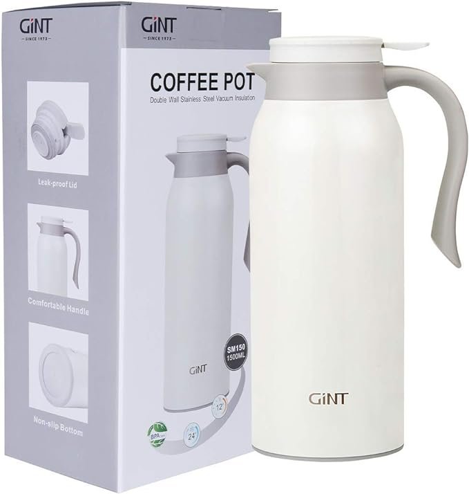 2 Stainless Steel Coffee Carafe - 51 Oz Capacity, Insulated Thermos with Vacuum Seal, Extended Heat Retention for Up to 12 Hours, Suitable for Tea, Water, and Coffee Dispensing, Enhanced White Model
