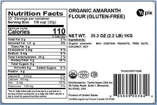 1 Yupik Organic Amaranth Flour, Gluten-Free, 2.2 lb, 35.2 Oz, Non-GMO, Vegan, Pack of 1