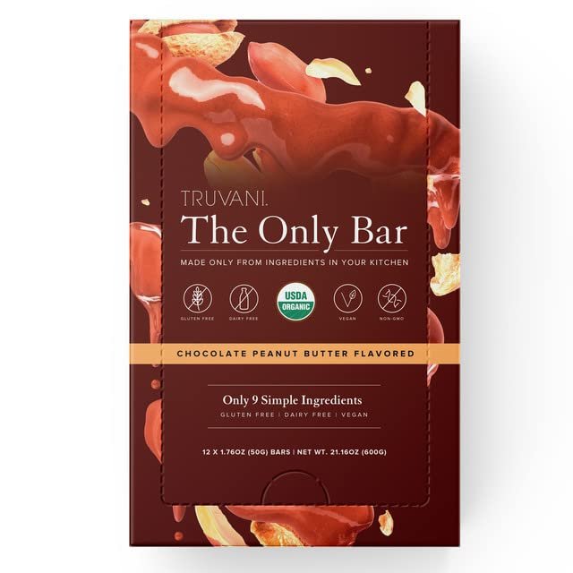 1 Truvani Plant Based Snack Bars | 7g Protein | 12 Pack Chocolate Peanut Butter | Organic | Vegan | The Only Bar | Dairy, Soy, and Gluten Free | Individually Wrapped