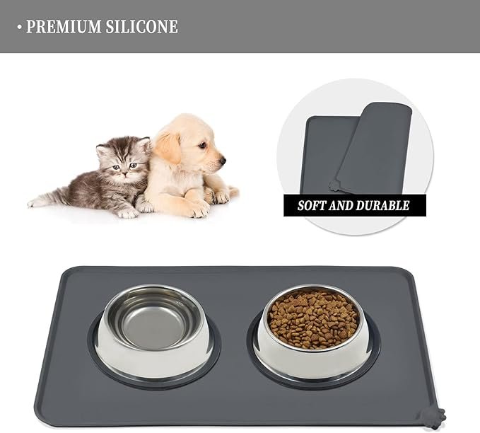 1 Reopet Silicone Pet Feeding Mat, Waterproof Dog Cat Food Mat with Raised Edges, Dog Cat Water Bowl Placemats, Dog Cat Feeding Mats for Food and Water Prevent Spill, Multiple Colors & Sizes for Pets
