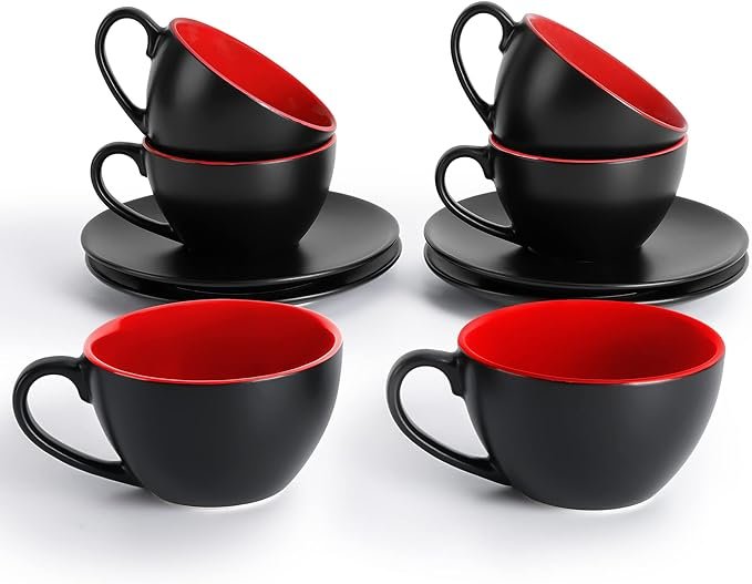5 Le Butterfly Collection - Black Exterior, Colorful Interior Cappuccino Mug Set (Red)