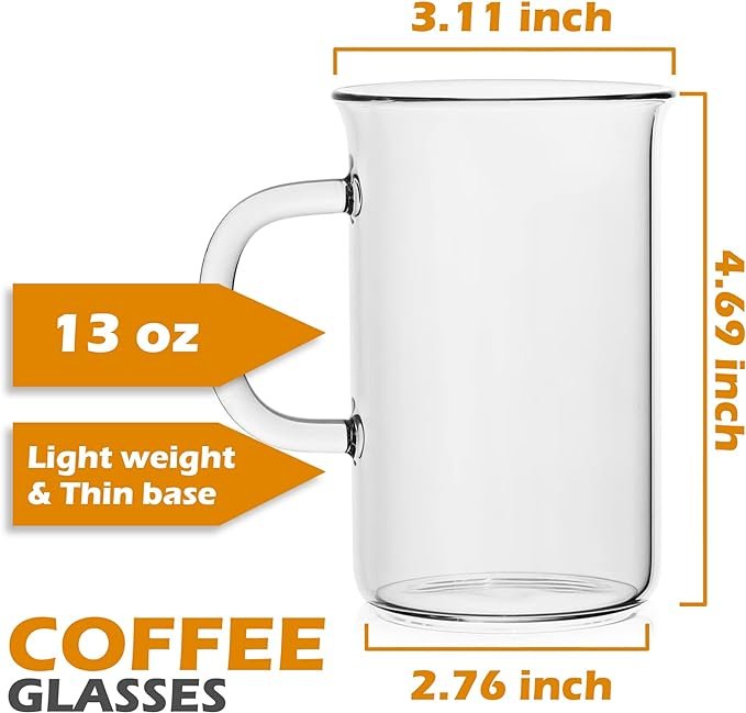 1 4-Pack of LFLYCIAL Glass Tea Mugs, 13-oz Clear Coffee Cups, Safe Drinking Glasses, Ideal for Various Hot And Cold Beverages