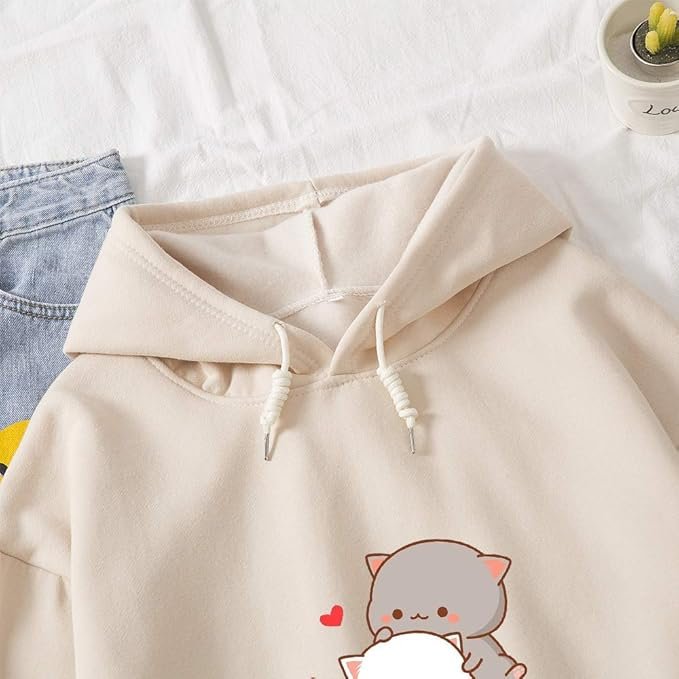 1 Women Kawaii Cartoon Cute Cat Graphic Casual Cotton Pullover Hoodies Sweatshirt
