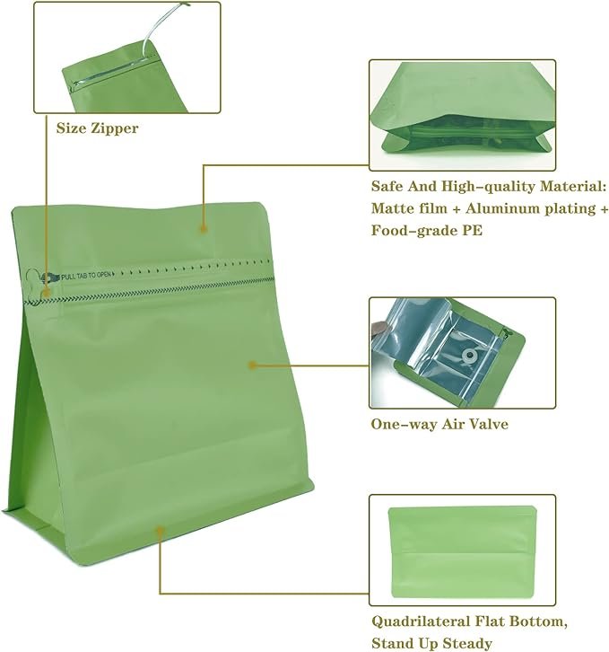 1 50-Pack of 8 oz Valve-Fitted Stand Up Pouches in Green Coffee Hue