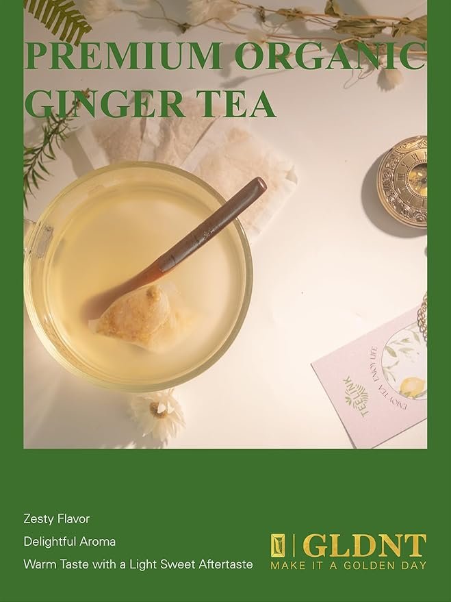 2 GLDNT Organic Ginger Tea Bags, Natural Organic Ginger Root Tea, Spicy & Zesty Flavor, Caffeine Free, 100 Count