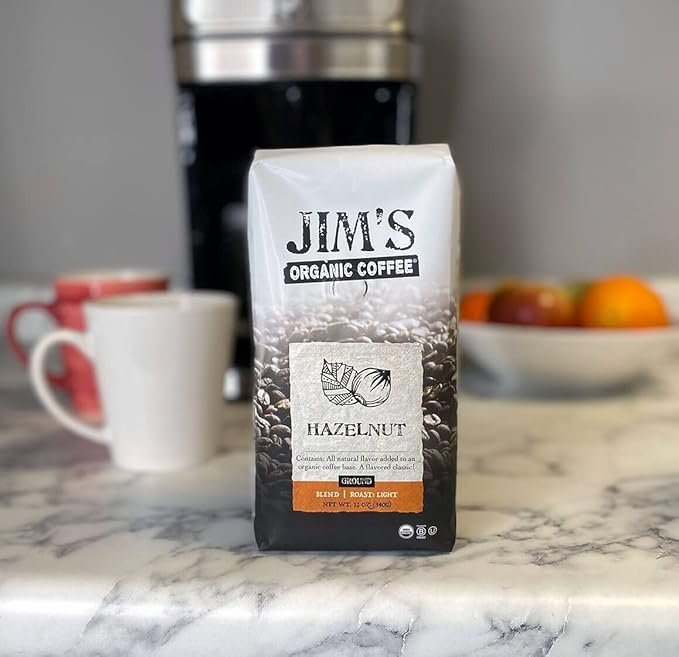 1 Jim’s Organic Coffee – Hazelnut, All Natural Flavored Blend – Light Roast, Ground Coffee, 12 oz Bag