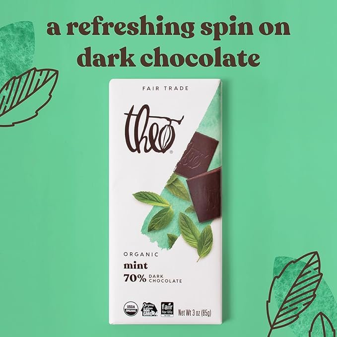 2 Theo Chocolate Mint Organic Dark Chocolate Bar, 70% Cacao, 6 Pack | Vegan, Fair Trade