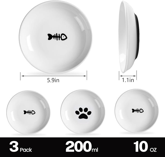1 CSD Cat Food Bowl (3 Pack) - Ceramic Cat Bowls with Nonslip Silicone Bottom, Whisker Friendly, 200ml Capacity