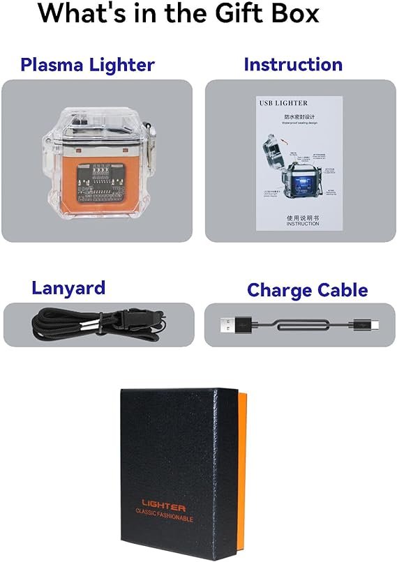 4 Waterproof Rechargeable Electric Lighter, Dual Arc Flame with LED Power Display, Plasma Lighter with USB Charging Cable, Lanyard for Outdoor Survival Adventures Camping, Hiking (Orange)