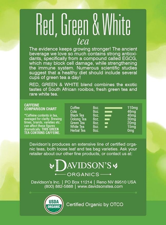 1 Davidson's Organics, Red, Green & White Tea, 8-count Tea Bags, Pack of 12